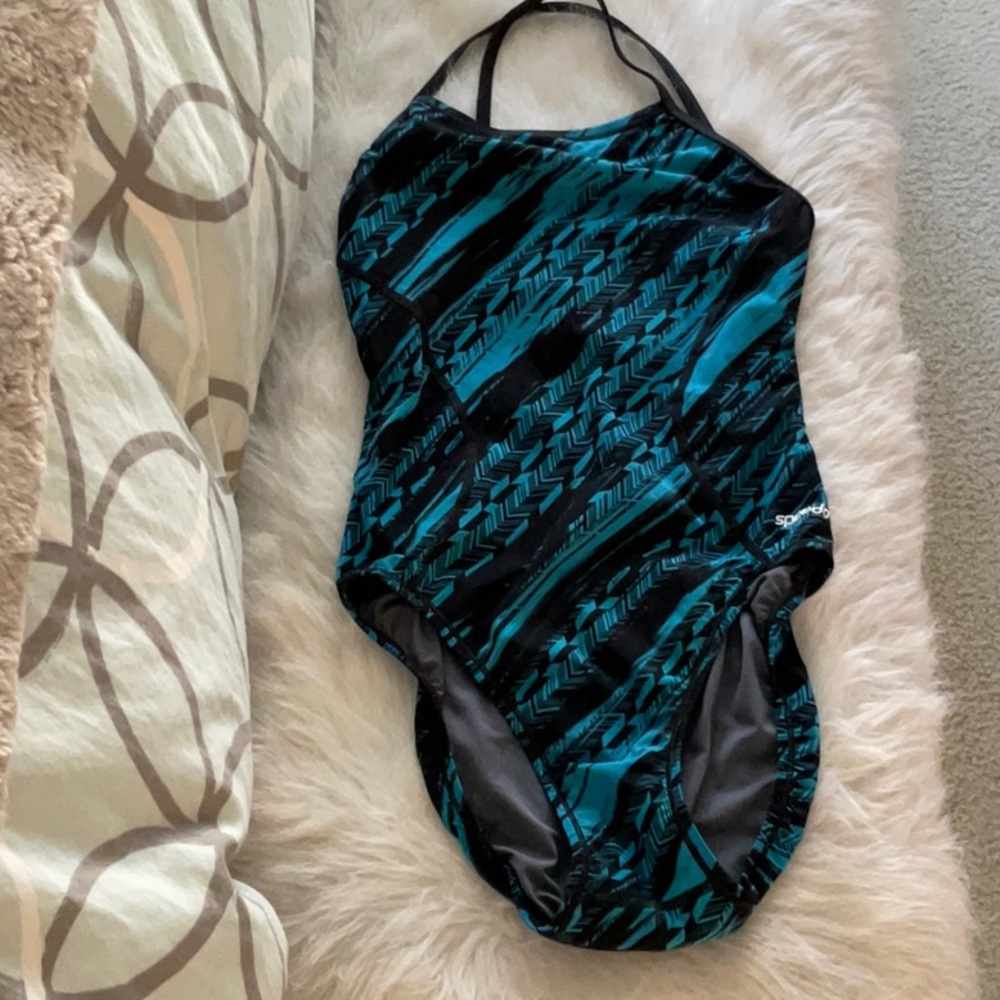 Speedo PowerPlus Black and Teal Swimsuit NWOT